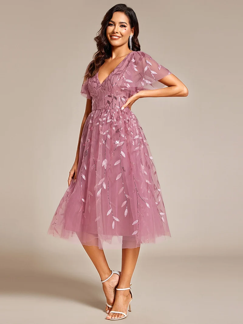 ever SIMONE|Robe d'invité de mariage formelle mi-longue à paillettes et feuilles à manches courtes