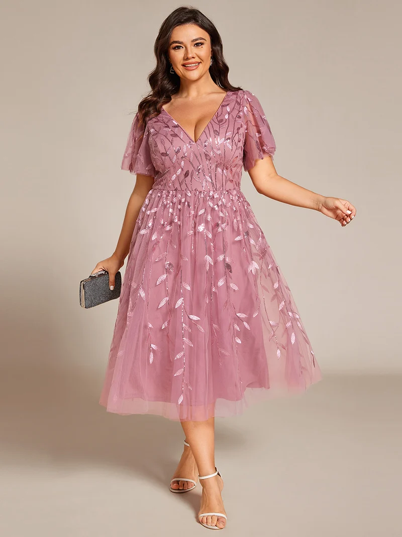 ever SIMONE|Robe d'invité de mariage formelle mi-longue à paillettes et feuilles à manches courtes