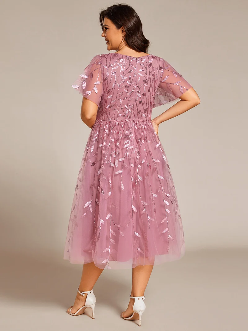 ever SIMONE|Robe d'invité de mariage formelle mi-longue à paillettes et feuilles à manches courtes