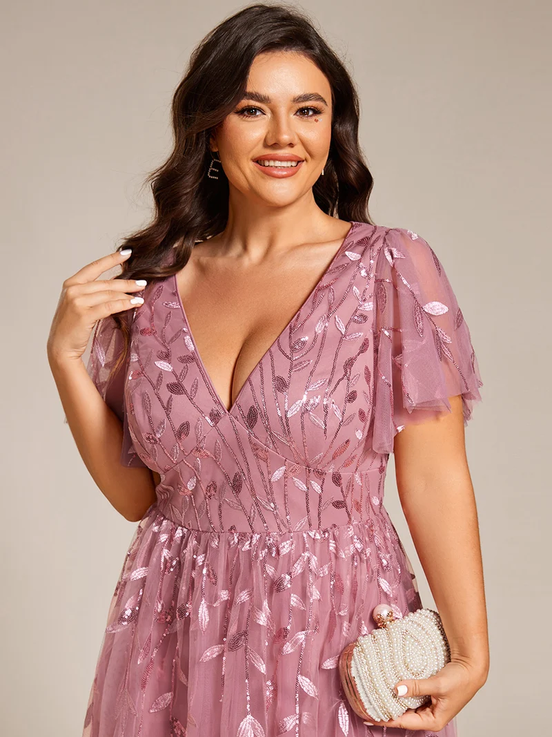 ever SIMONE|Robe d'invité de mariage formelle mi-longue à paillettes et feuilles à manches courtes