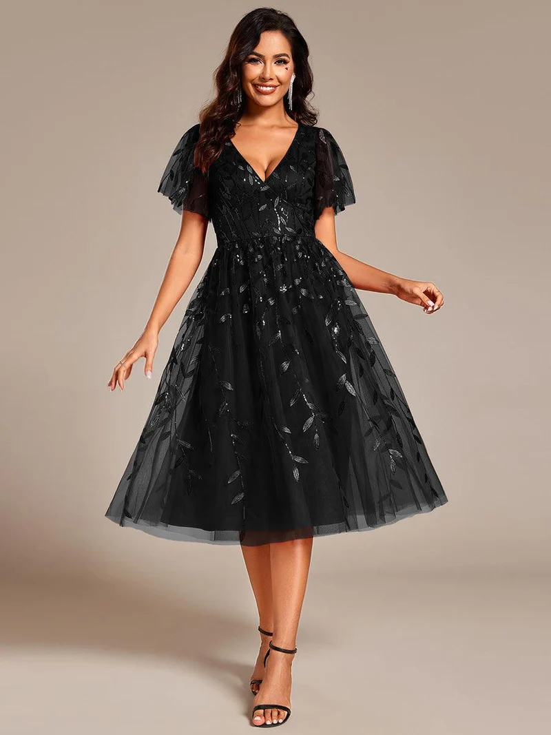 ever SIMONE|Robe d'invité de mariage formelle mi-longue à paillettes et feuilles à manches courtes