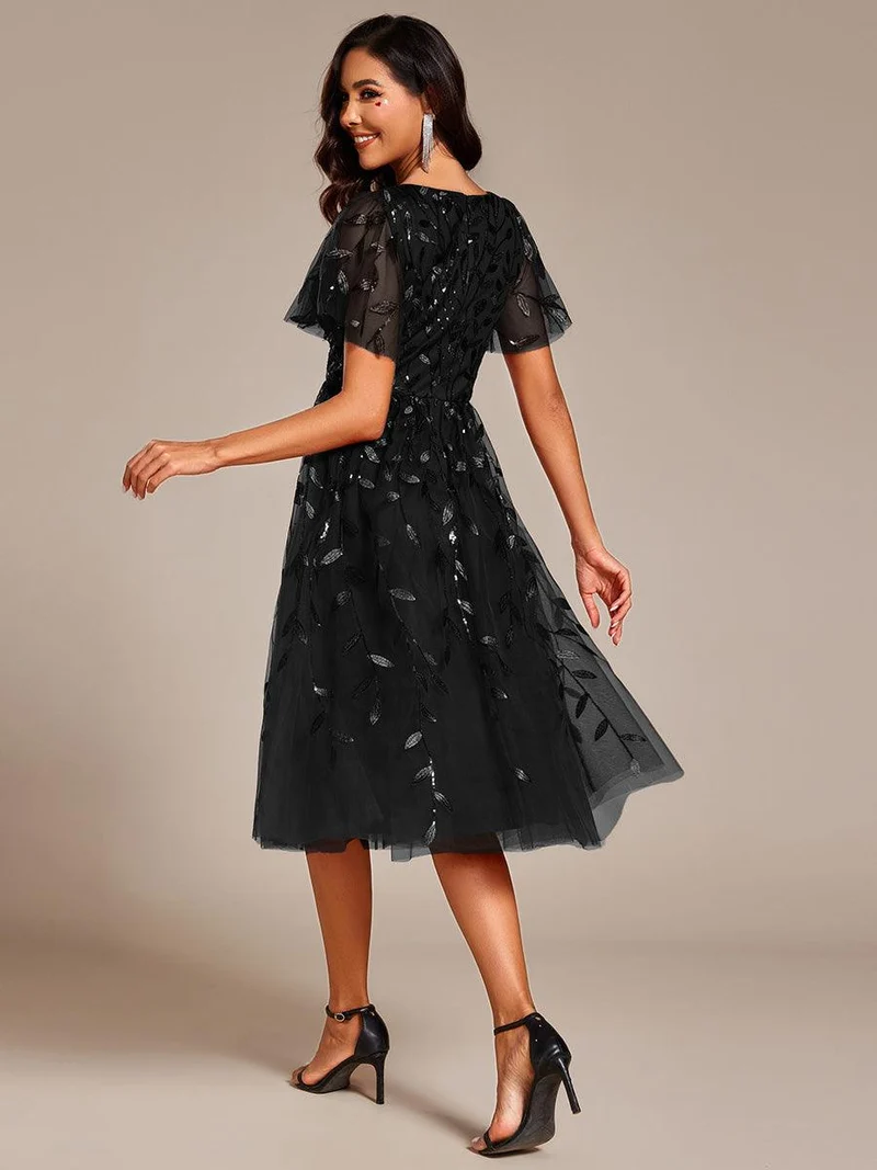 ever SIMONE|Robe d'invité de mariage formelle mi-longue à paillettes et feuilles à manches courtes