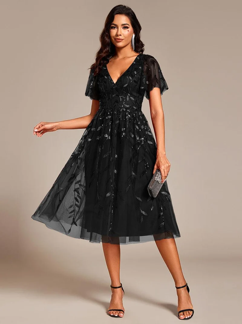 ever SIMONE|Robe d'invité de mariage formelle mi-longue à paillettes et feuilles à manches courtes