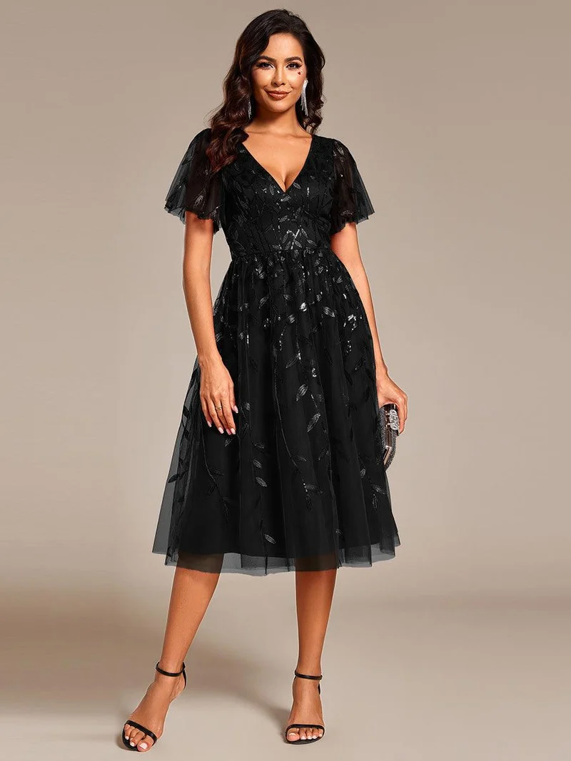 ever SIMONE|Robe d'invité de mariage formelle mi-longue à paillettes et feuilles à manches courtes