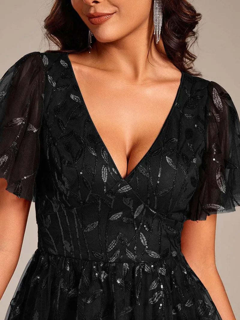 ever SIMONE|Robe d'invité de mariage formelle mi-longue à paillettes et feuilles à manches courtes