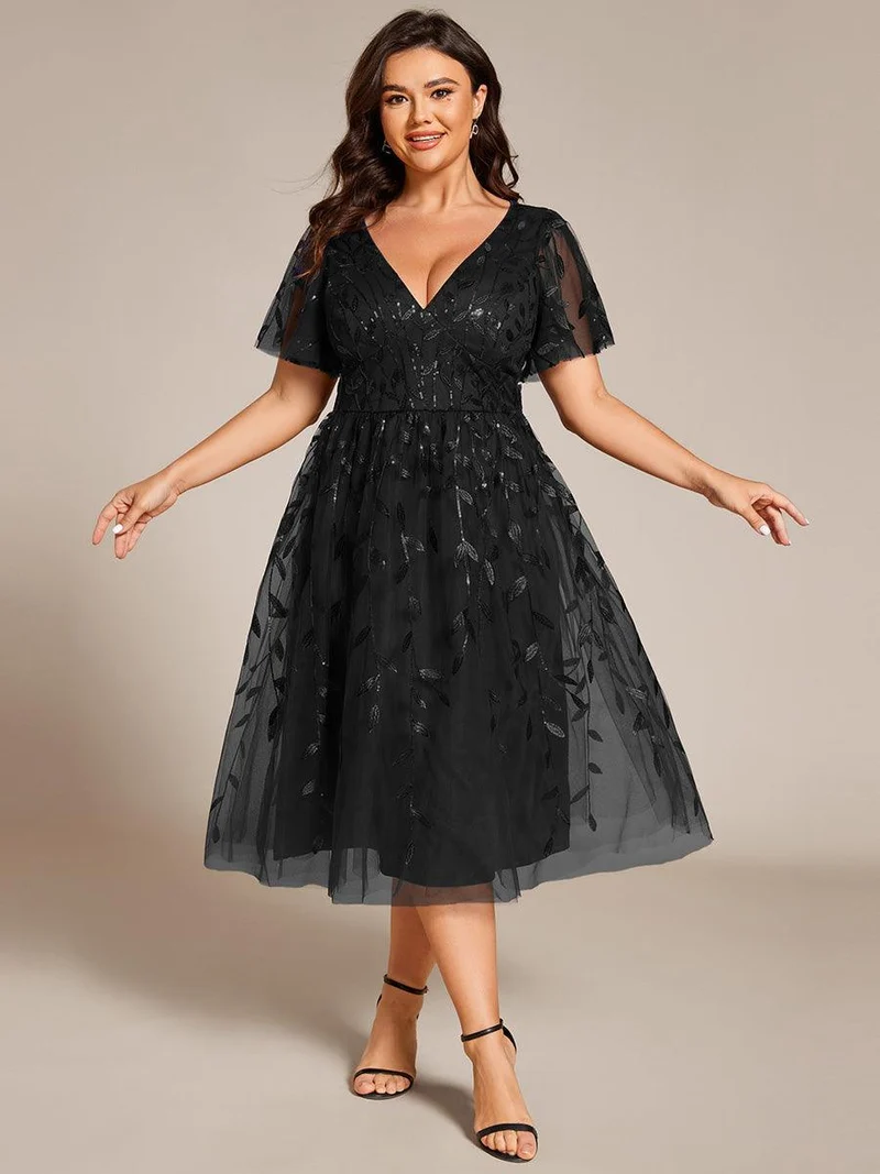 ever SIMONE|Robe d'invité de mariage formelle mi-longue à paillettes et feuilles à manches courtes