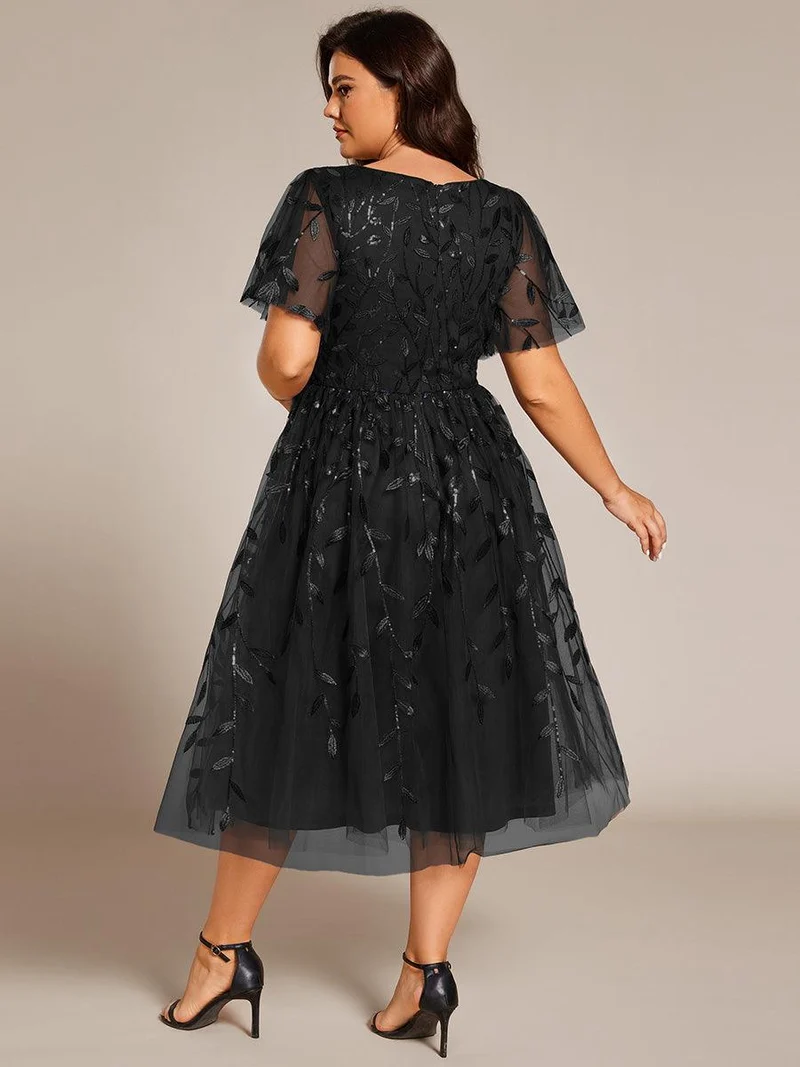 ever SIMONE|Robe d'invité de mariage formelle mi-longue à paillettes et feuilles à manches courtes