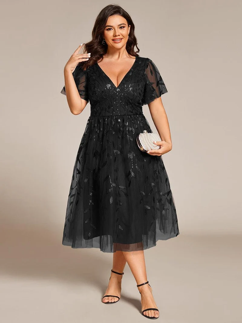 ever SIMONE|Robe d'invité de mariage formelle mi-longue à paillettes et feuilles à manches courtes