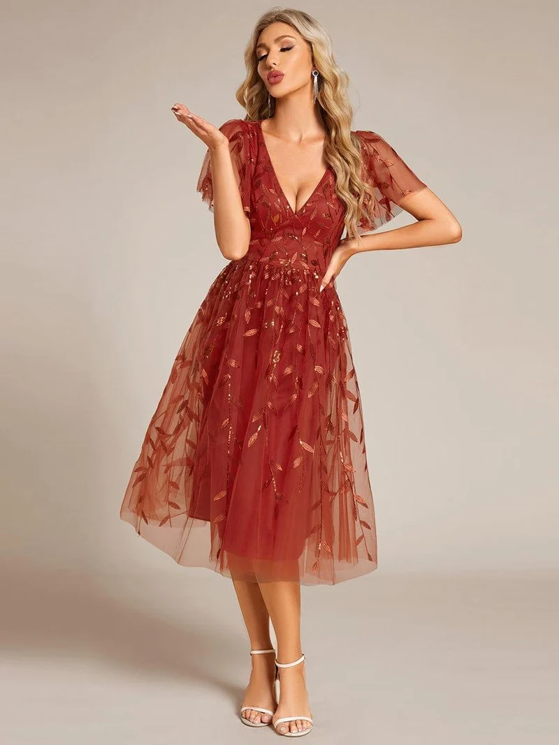 ever SIMONE|Robe d'invité de mariage formelle mi-longue à paillettes et feuilles à manches courtes