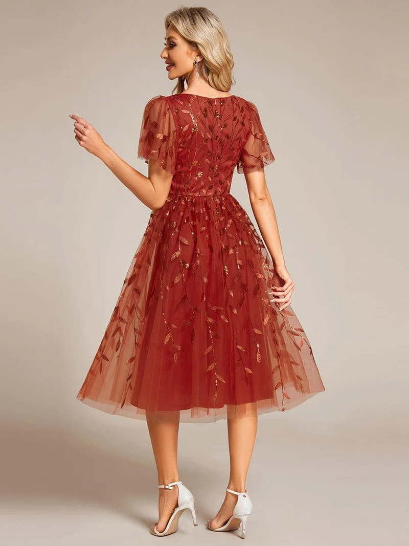 ever SIMONE|Robe d'invité de mariage formelle mi-longue à paillettes et feuilles à manches courtes