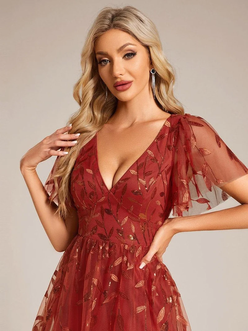 ever SIMONE|Robe d'invité de mariage formelle mi-longue à paillettes et feuilles à manches courtes
