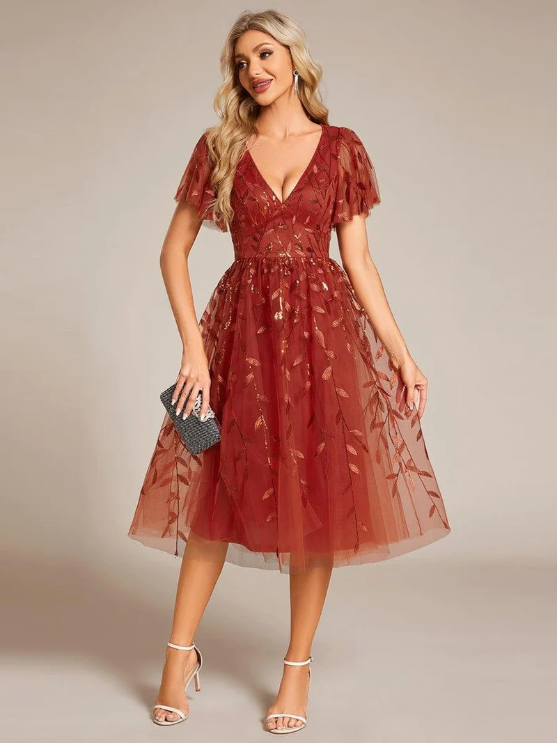 ever SIMONE|Robe d'invité de mariage formelle mi-longue à paillettes et feuilles à manches courtes