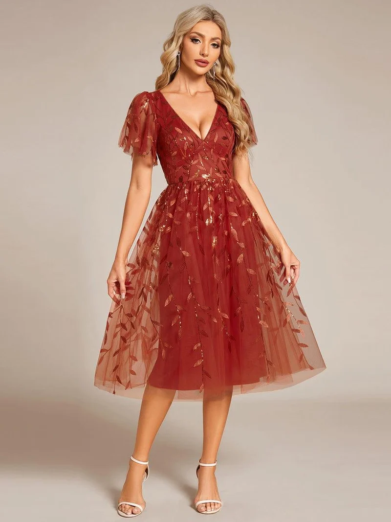 ever SIMONE|Robe d'invité de mariage formelle mi-longue à paillettes et feuilles à manches courtes