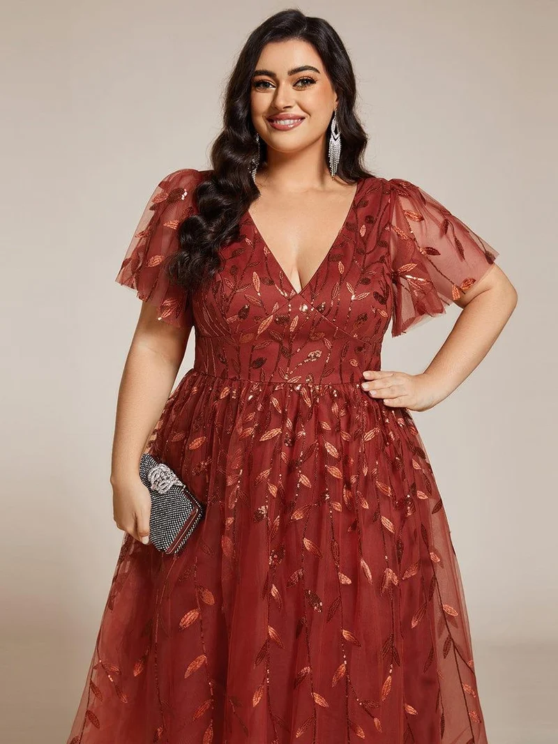 ever SIMONE|Robe d'invité de mariage formelle mi-longue à paillettes et feuilles à manches courtes