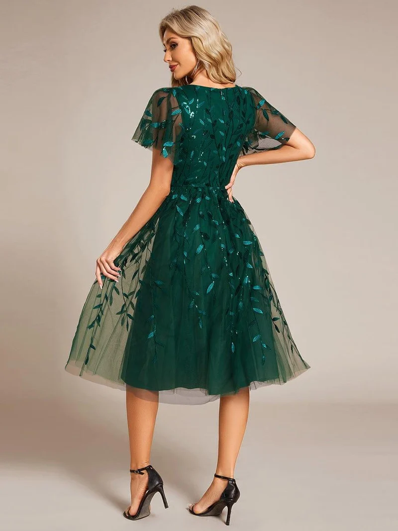 ever SIMONE|Robe d'invité de mariage formelle mi-longue à paillettes et feuilles à manches courtes