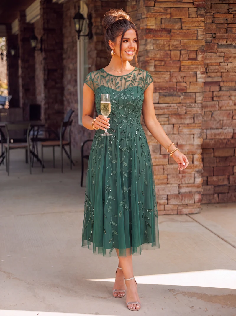 ever SIMONE|Robe d'invité de mariage formelle mi-longue à paillettes et feuilles à manches courtes
