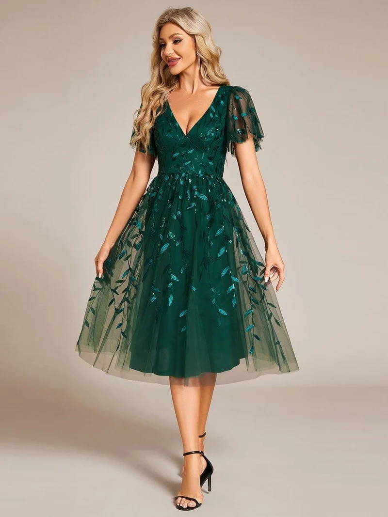 ever SIMONE|Robe d'invité de mariage formelle mi-longue à paillettes et feuilles à manches courtes