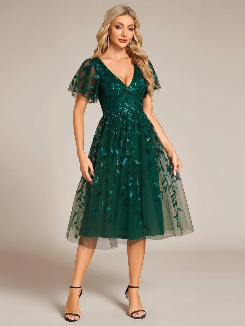 ever SIMONE|Robe d'invité de mariage formelle mi-longue à paillettes et feuilles à manches courtes
