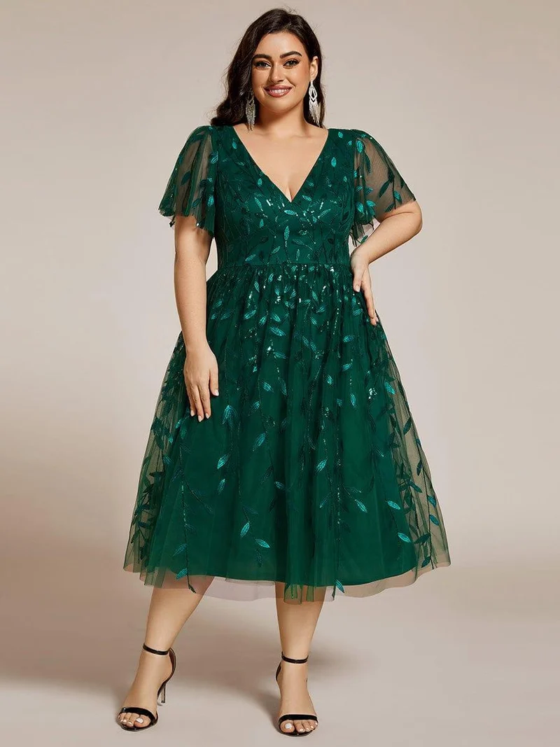 ever SIMONE|Robe d'invité de mariage formelle mi-longue à paillettes et feuilles à manches courtes