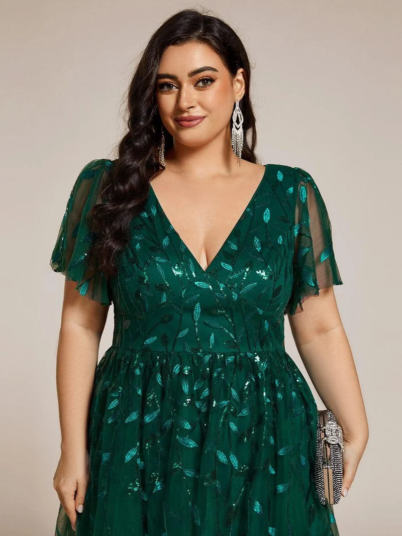 ever SIMONE|Robe d'invité de mariage formelle mi-longue à paillettes et feuilles à manches courtes
