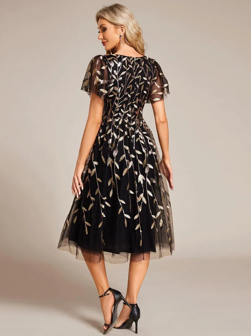 ever SIMONE|Robe d'invité de mariage formelle mi-longue à paillettes et feuilles à manches courtes