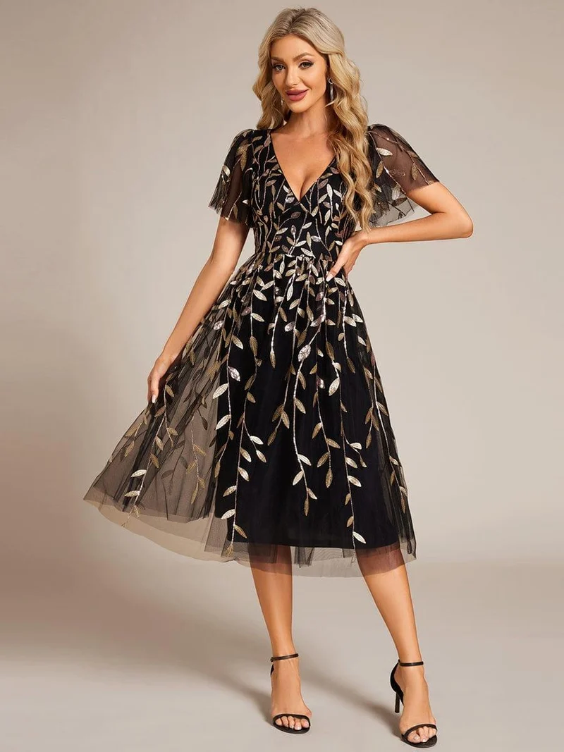 ever SIMONE|Robe d'invité de mariage formelle mi-longue à paillettes et feuilles à manches courtes