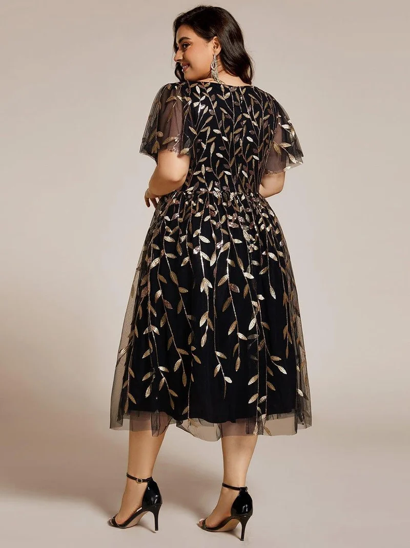 ever SIMONE|Robe d'invité de mariage formelle mi-longue à paillettes et feuilles à manches courtes
