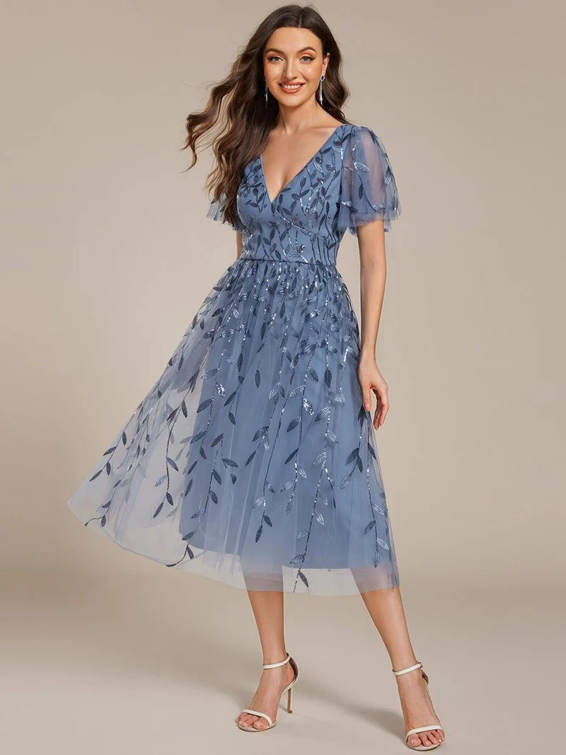 ever SIMONE|Robe d'invité de mariage formelle mi-longue à paillettes et feuilles à manches courtes