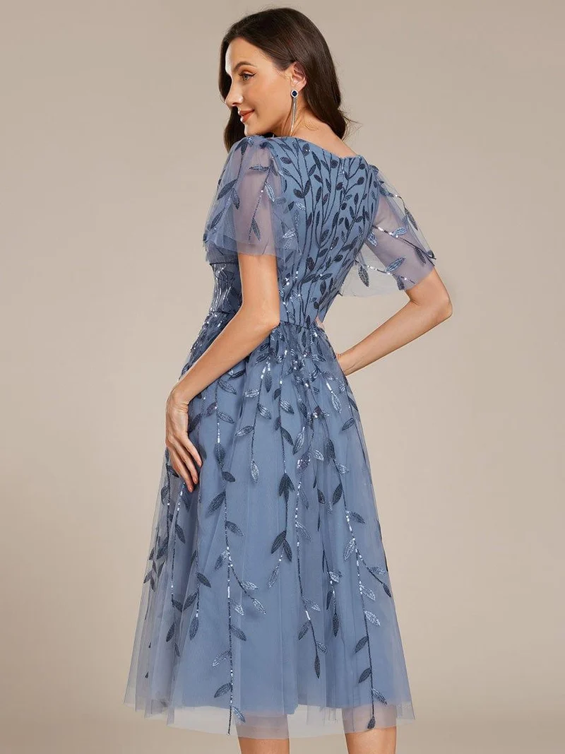 ever SIMONE|Robe d'invité de mariage formelle mi-longue à paillettes et feuilles à manches courtes