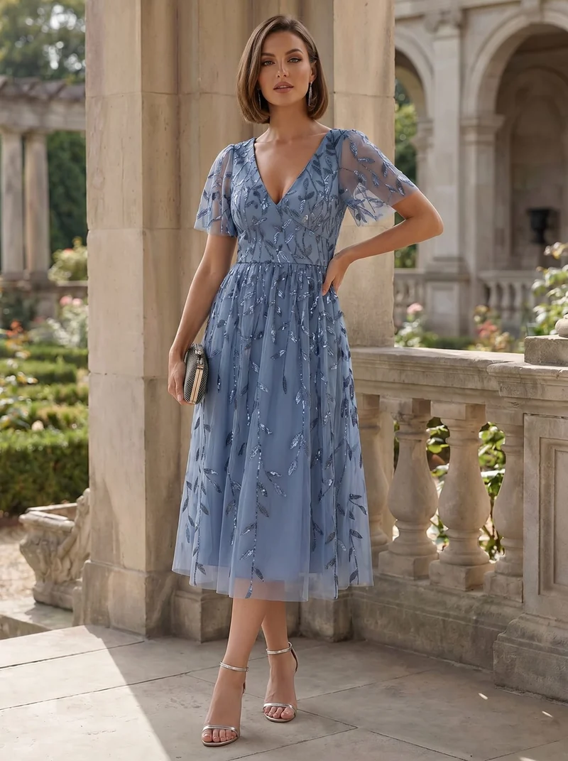 ever SIMONE|Robe d'invité de mariage formelle mi-longue à paillettes et feuilles à manches courtes