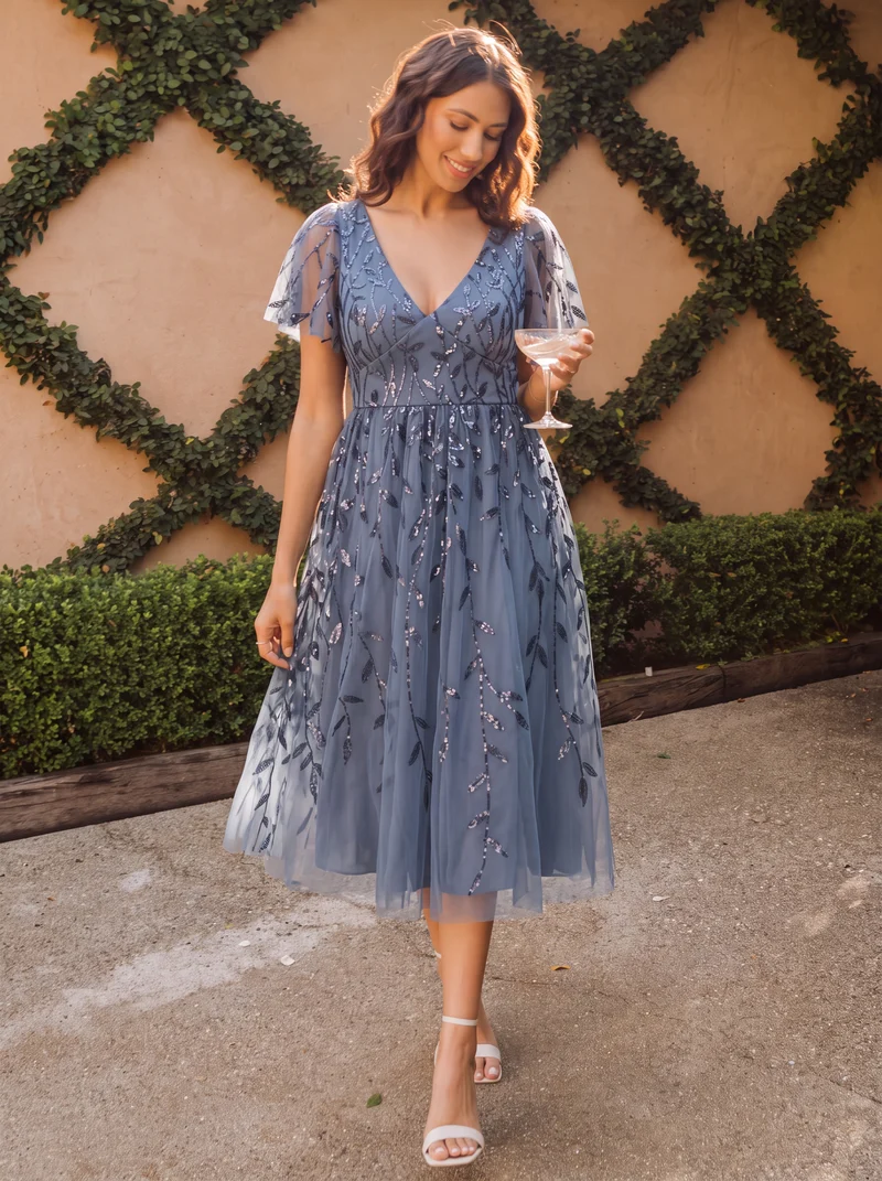 ever SIMONE|Robe d'invité de mariage formelle mi-longue à paillettes et feuilles à manches courtes