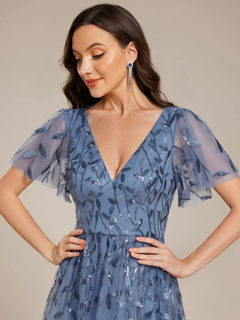 ever SIMONE|Robe d'invité de mariage formelle mi-longue à paillettes et feuilles à manches courtes