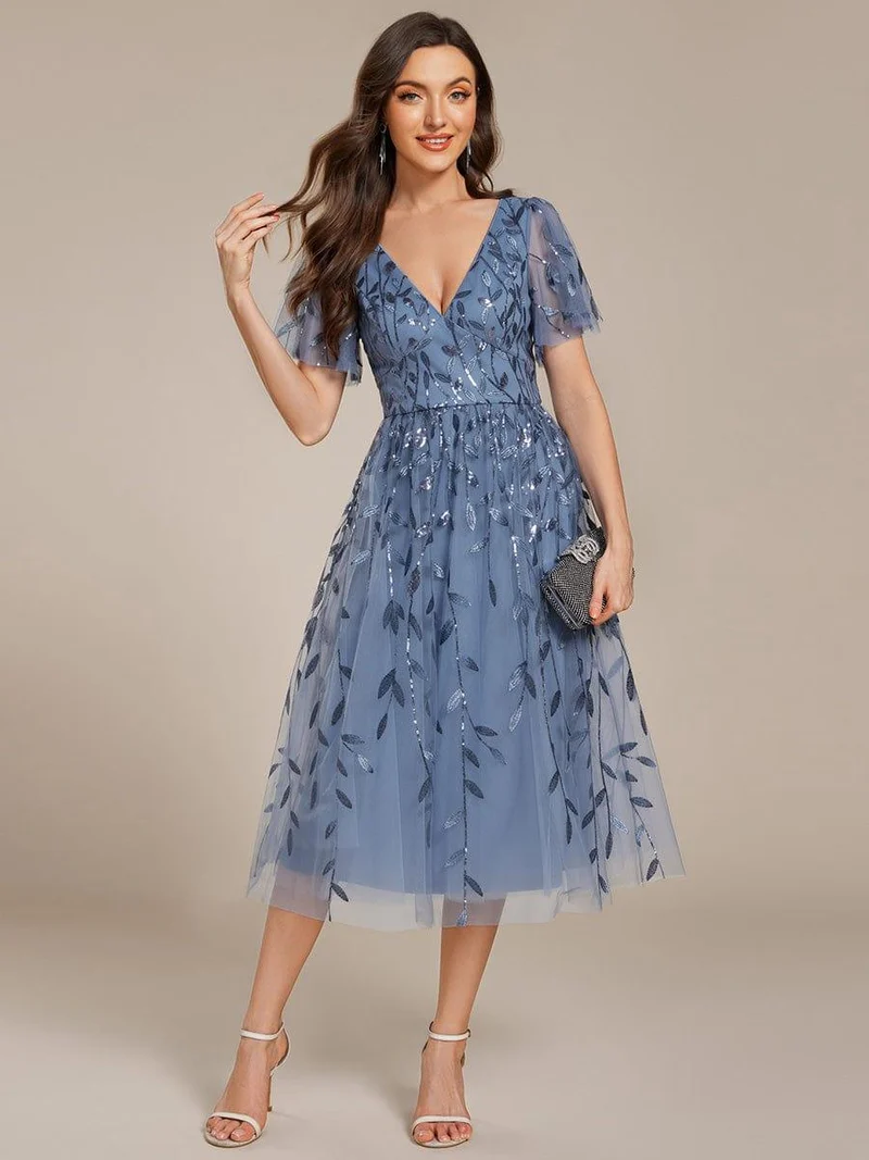 ever SIMONE|Robe d'invité de mariage formelle mi-longue à paillettes et feuilles à manches courtes