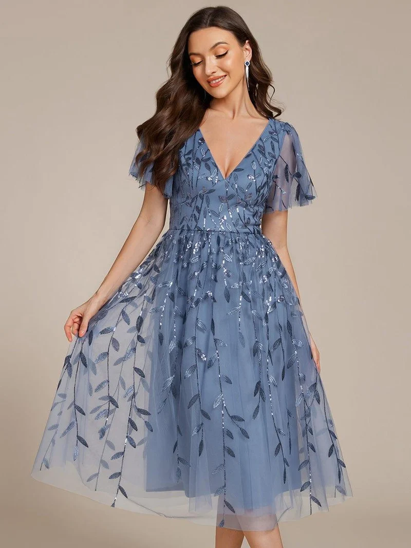 ever SIMONE|Robe d'invité de mariage formelle mi-longue à paillettes et feuilles à manches courtes