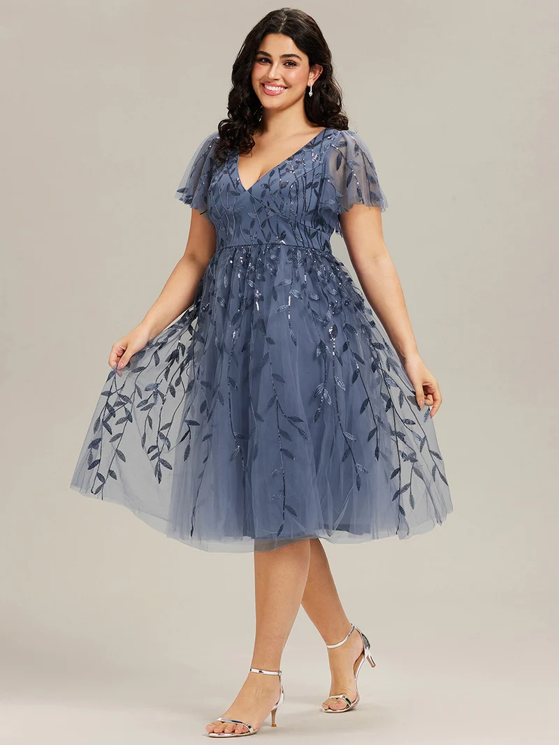 ever SIMONE|Robe d'invité de mariage formelle mi-longue à paillettes et feuilles à manches courtes