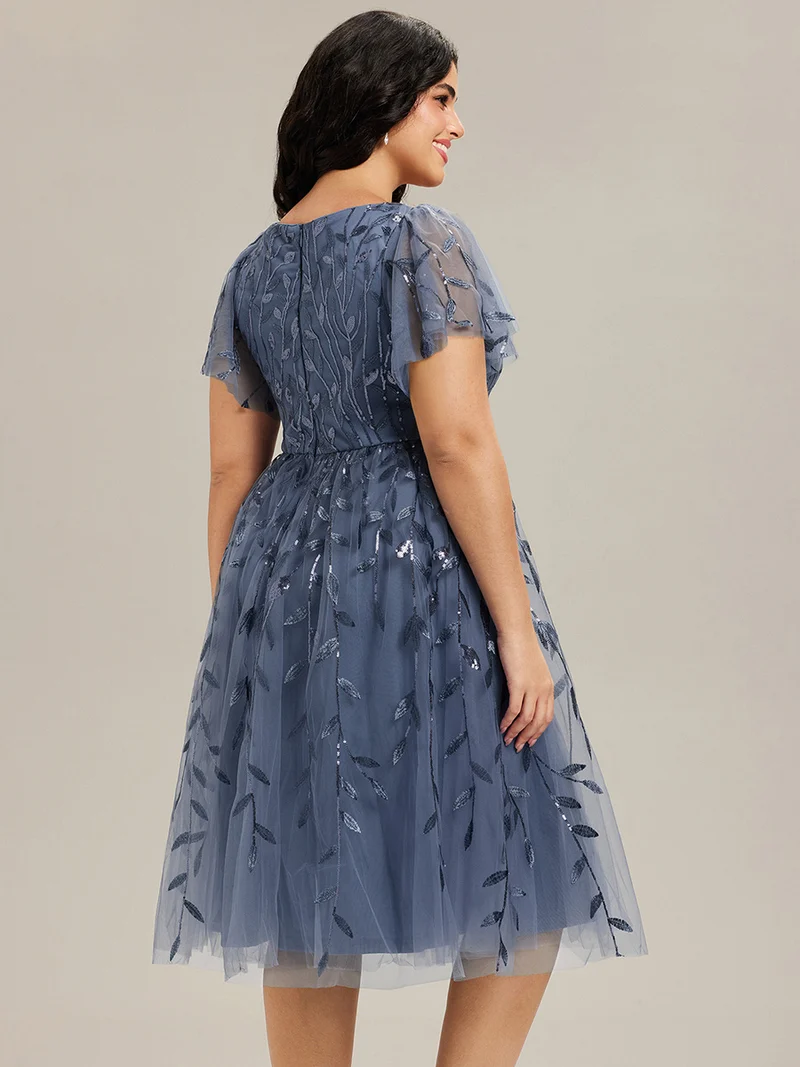 ever SIMONE|Robe d'invité de mariage formelle mi-longue à paillettes et feuilles à manches courtes
