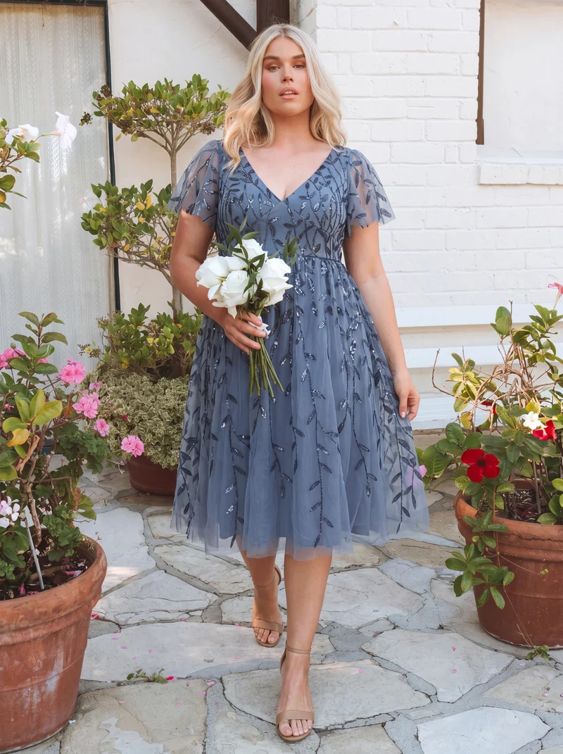 ever SIMONE|Robe d'invité de mariage formelle mi-longue à paillettes et feuilles à manches courtes