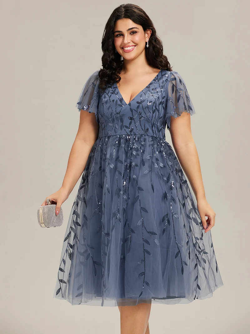 ever SIMONE|Robe d'invité de mariage formelle mi-longue à paillettes et feuilles à manches courtes