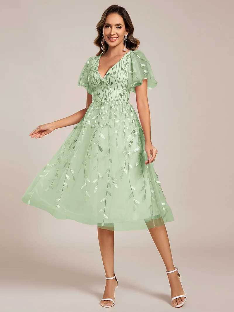ever SIMONE|Robe d'invité de mariage formelle mi-longue à paillettes et feuilles à manches courtes