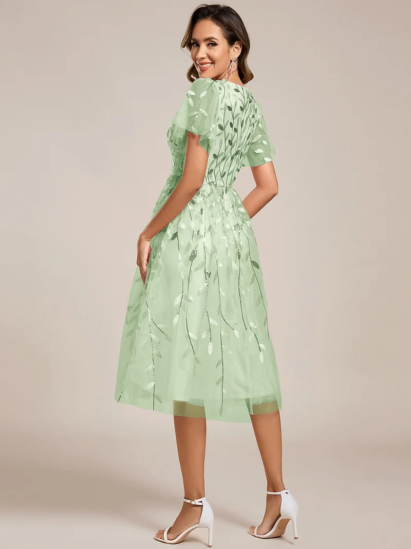 ever SIMONE|Robe d'invité de mariage formelle mi-longue à paillettes et feuilles à manches courtes