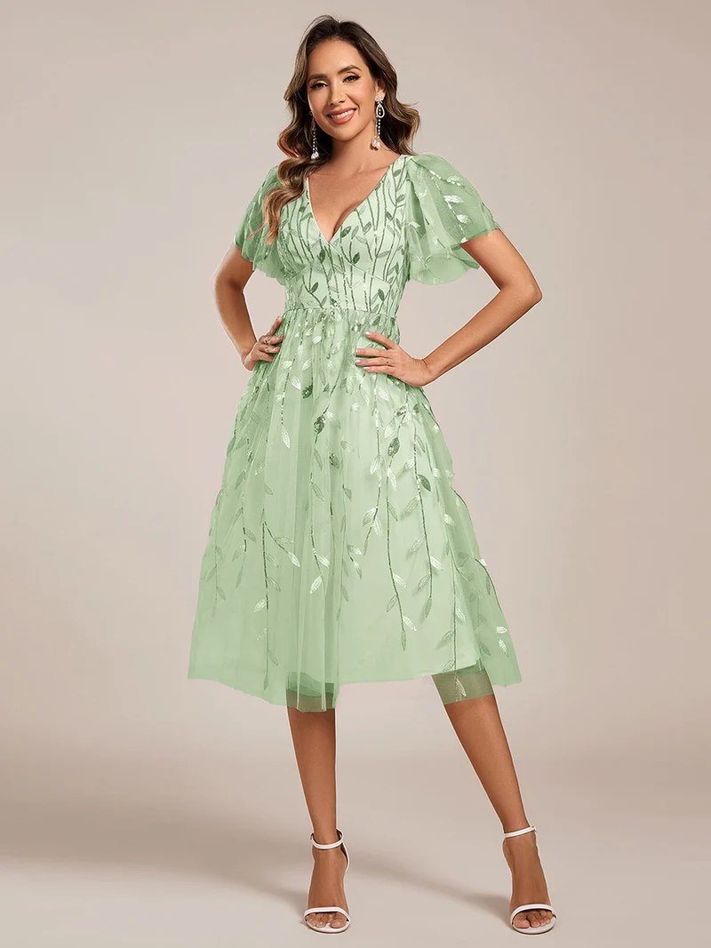 ever SIMONE|Robe d'invité de mariage formelle mi-longue à paillettes et feuilles à manches courtes