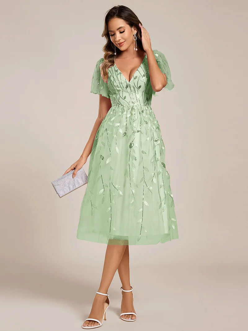ever SIMONE|Robe d'invité de mariage formelle mi-longue à paillettes et feuilles à manches courtes