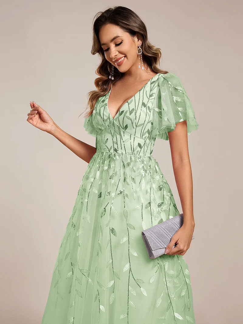 ever SIMONE|Robe d'invité de mariage formelle mi-longue à paillettes et feuilles à manches courtes