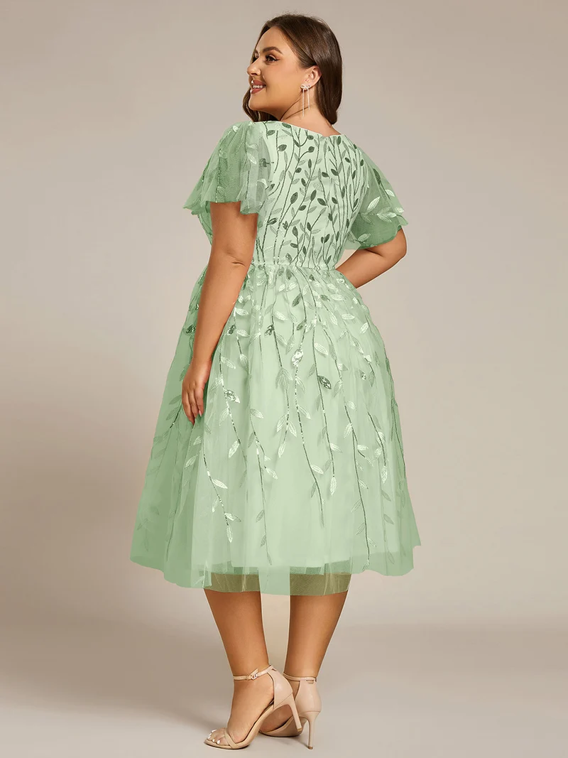 ever SIMONE|Robe d'invité de mariage formelle mi-longue à paillettes et feuilles à manches courtes