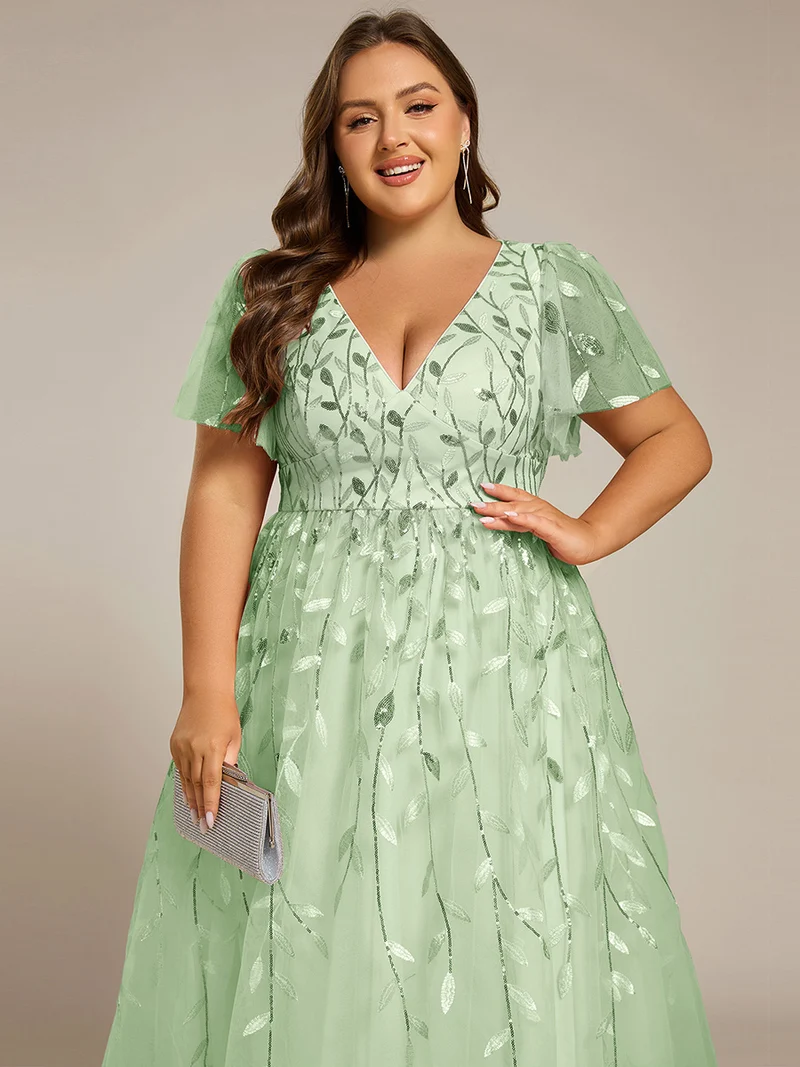 ever SIMONE|Robe d'invité de mariage formelle mi-longue à paillettes et feuilles à manches courtes