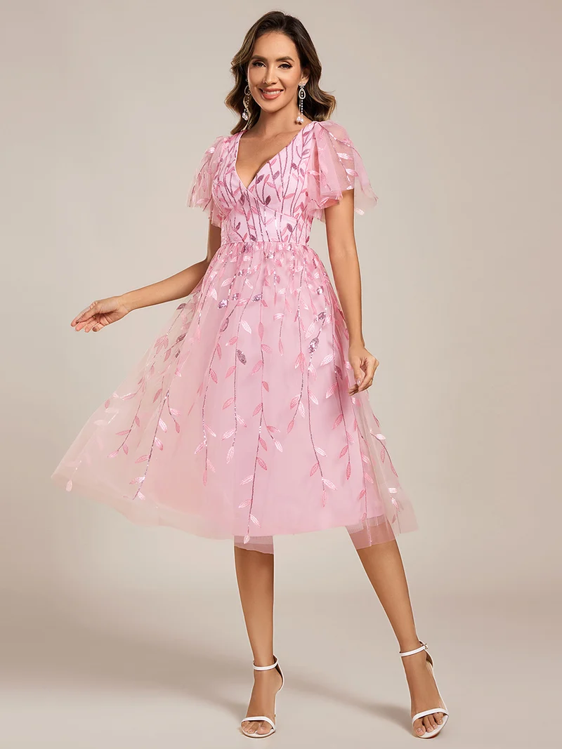 ever SIMONE|Robe d'invité de mariage formelle mi-longue à paillettes et feuilles à manches courtes