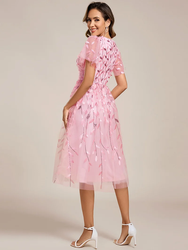 ever SIMONE|Robe d'invité de mariage formelle mi-longue à paillettes et feuilles à manches courtes