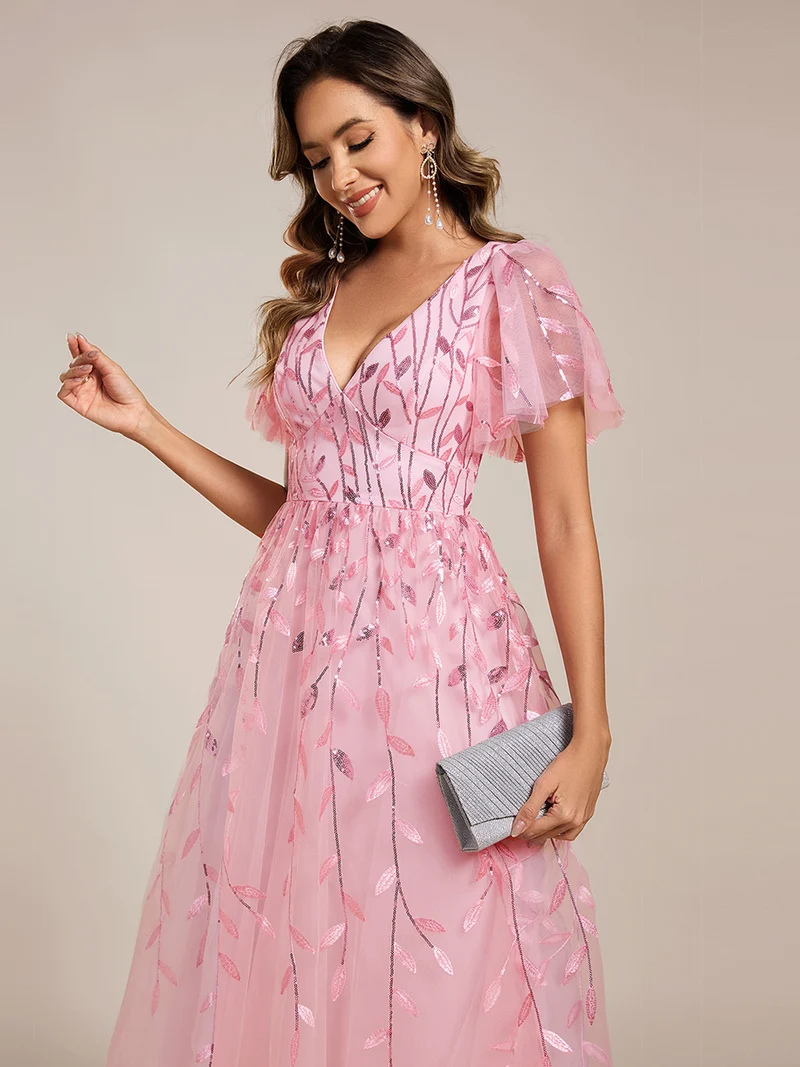 ever SIMONE|Robe d'invité de mariage formelle mi-longue à paillettes et feuilles à manches courtes