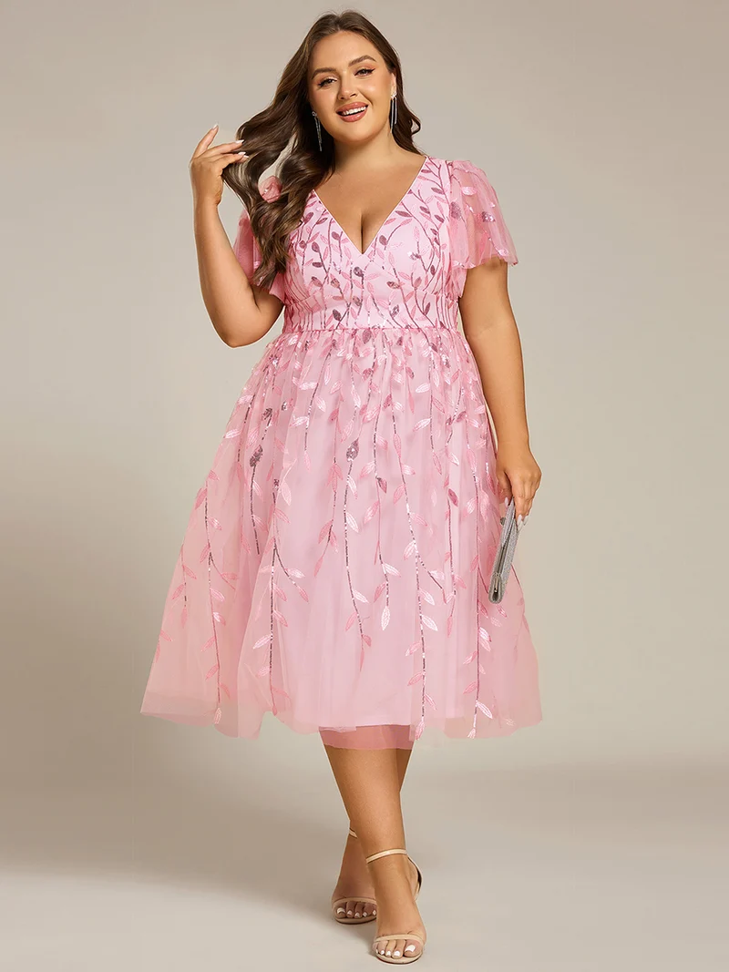 ever SIMONE|Robe d'invité de mariage formelle mi-longue à paillettes et feuilles à manches courtes
