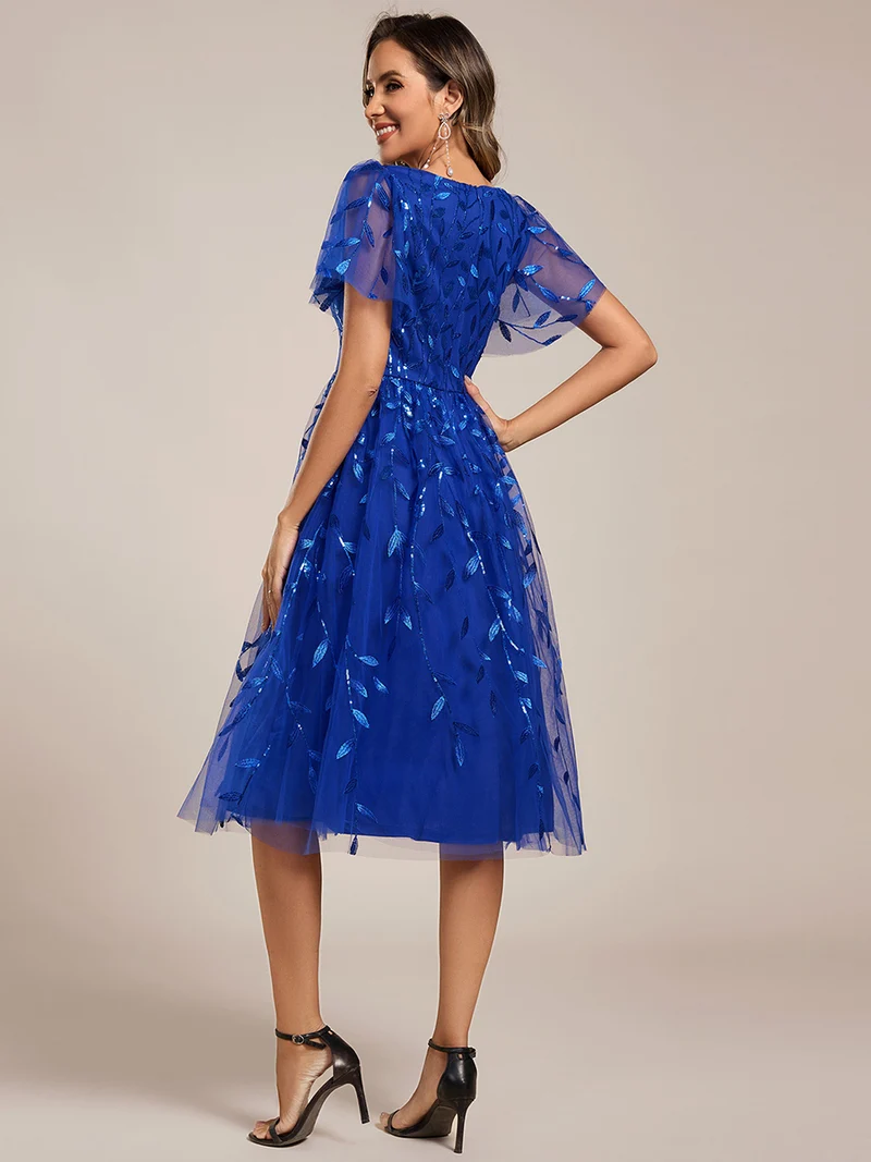 ever SIMONE|Robe d'invité de mariage formelle mi-longue à paillettes et feuilles à manches courtes